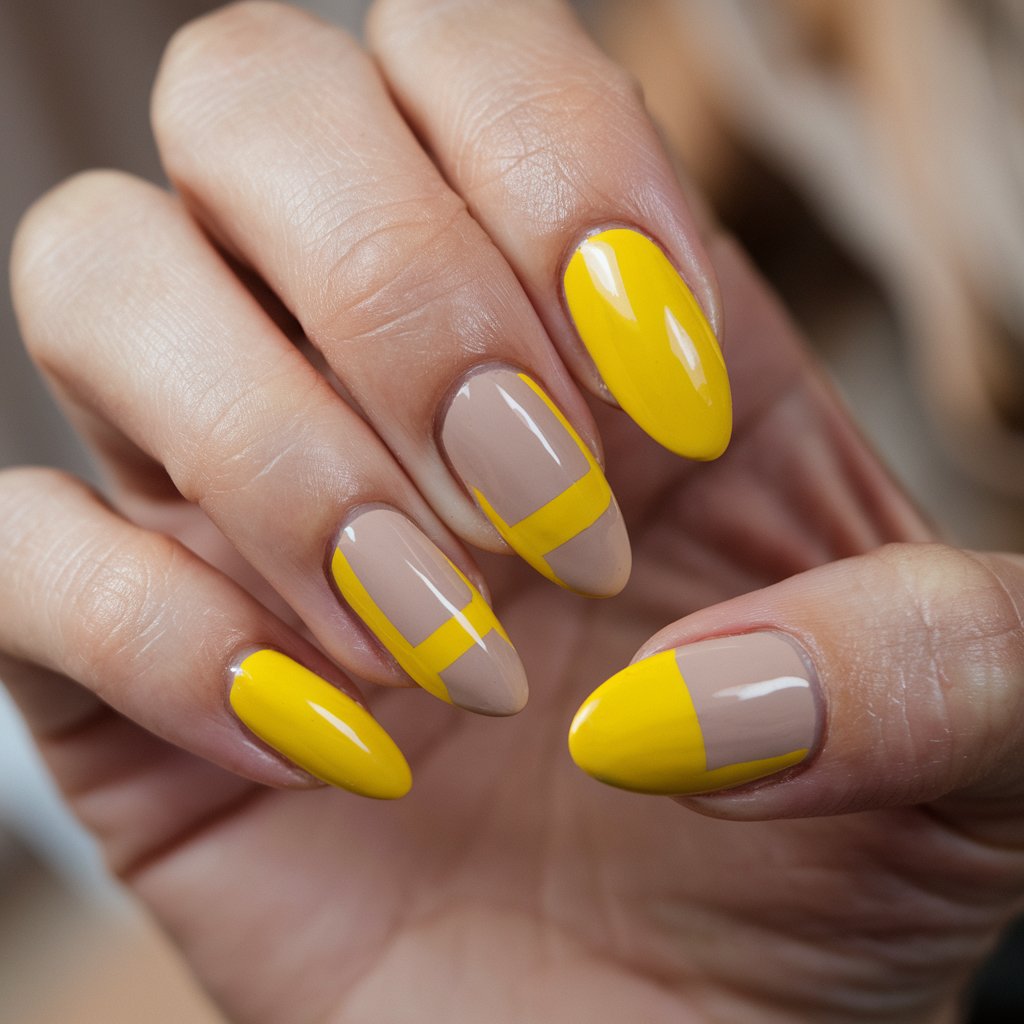 A close-up photo of a well-moisturized woman's hand with a chic yellow and nude negative space design on the nails. The bold yellow polish is strategically placed in geometric shapes, allowing portions of the natural nail to peek through for a modern, minimalist aesthetic. The glossy finish enhances the contrast, reflecting the soft, natural background lighting. The nails are almond-shaped, elongating the fingers with elegance. The cuticles are well-groomed, and the skin appears radiant. The blurred background contains neutral tones, subtly complementing the artistic, contemporary vibe of the negative space manicure.