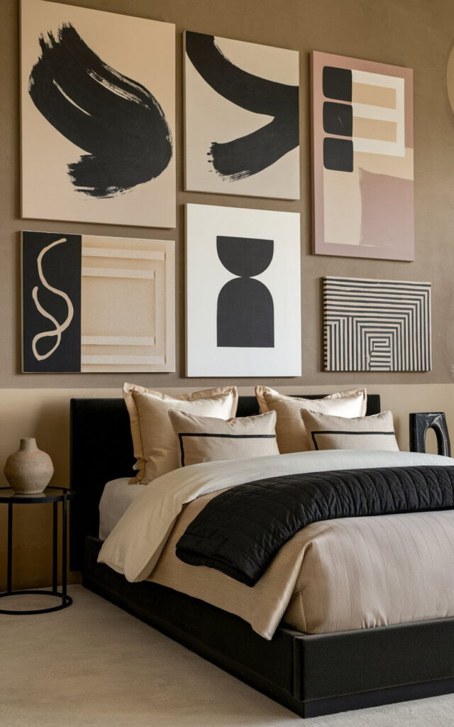 A photo of a black and beige bedroom with a gallery of abstract art above a cozy upholstered bed with well-decorated bedding. The artwork includes various canvas prints with sweeping black brushstrokes, muted beige tones, and geometric patterns. The bed, framed in a matte black platform, is dressed in layers of beige and cream with a folded black quilt at the end. Plush pillows in matching tones offer a hotel-like finish. A black and glass bedside table holds a ceramic vase. The walls are a warm greige, perfectly complementing the monochrome palette and elevating the overall artistic feel.