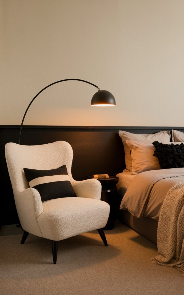 A beige accent chair in a black and beige bedroom with a cozy bed. The chair is upholstered in a creamy boucle fabric and sits in a reading nook beside the bed. The nook is styled with a knit throw and a black side table. The bed is dressed in a taupe duvet, layered with pillows in black and ivory. A low black headboard contrasts with the beige walls. A black reading lamp arches gracefully over the chair, offering warm light and completing this serene corner of comfort and function.