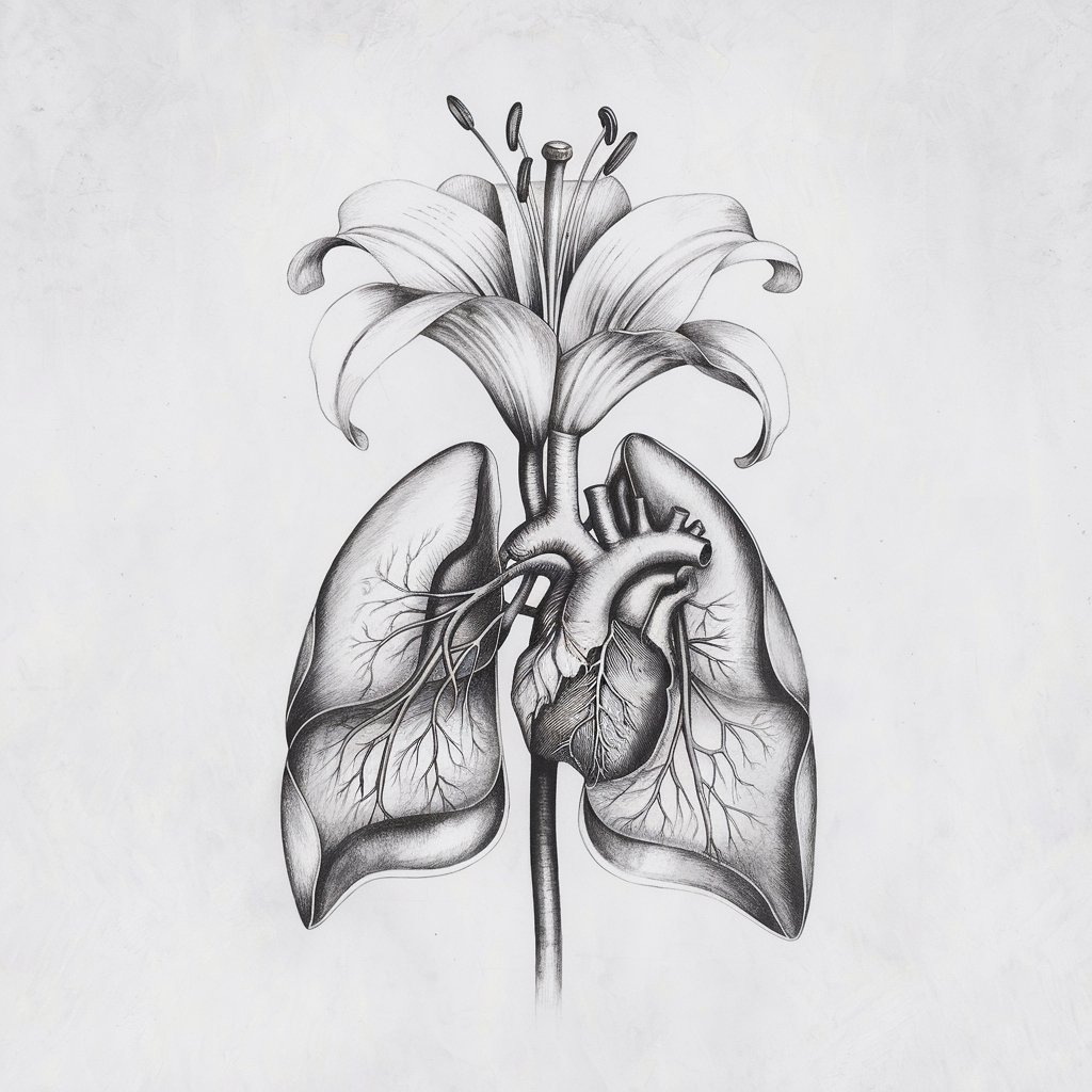 A minimalist, plain white background pencil drawing illustration of a lily flower fused with anatomical elements. The petals are lungs morph into organic structures—such as muscle fibers or heart-like forms—without losing their floral shape. Veins run through each petal like capillaries, and the central stamen is transformed into a branching artery. The integration is subtle and artistic, using soft shading and deliberate line placement. The white background adds stark contrast to the conceptual blending of human and floral anatomy.