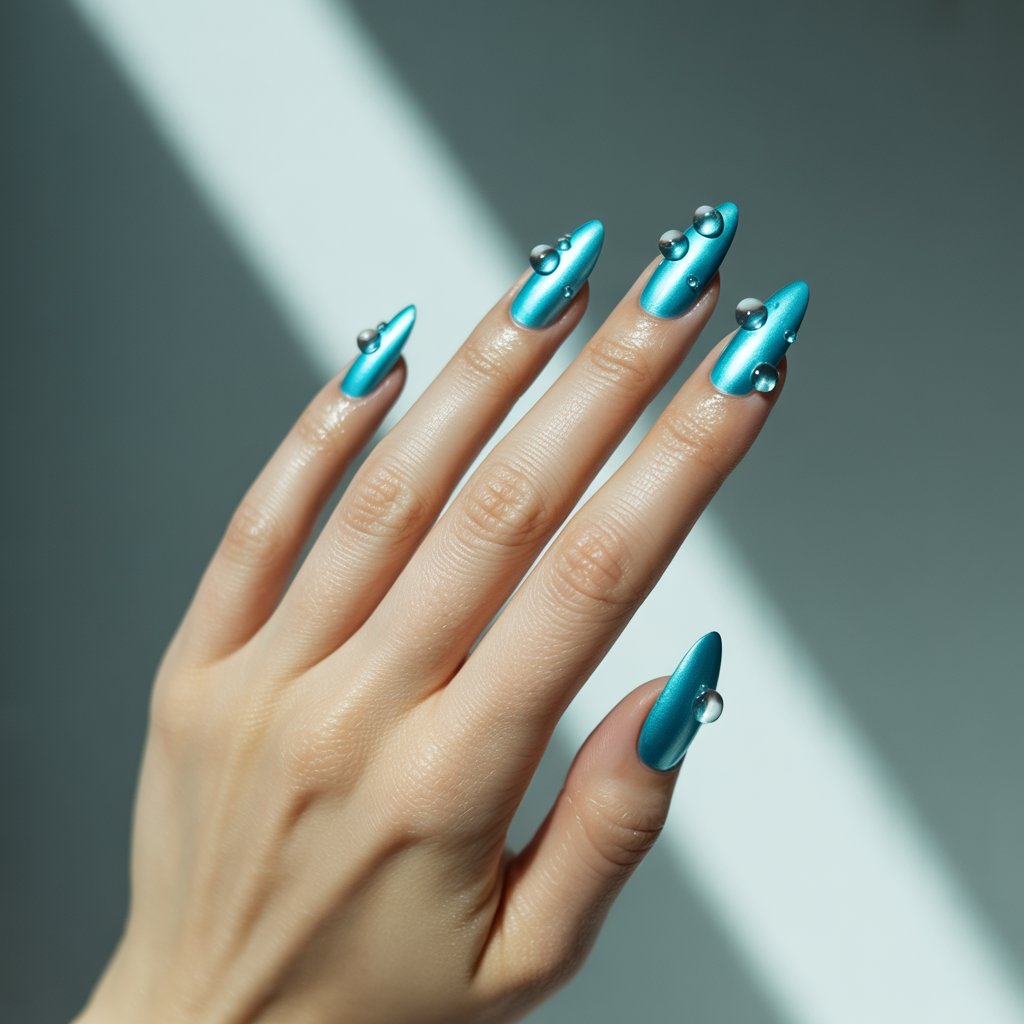 A close-up studio portrait photograph showcases a woman's hand, the sole focus against a soft, diffused grey backdrop. Her skin is visibly hydrated, radiating a subtle glow as five fingers rest gently, splayed in a relaxed posture, each adorned with vivid aqua stiletto chrome nails. Each nail boasts clear, 3D droplet accents that resemble fresh morning dew, catching the soft light and creating a shimmering, water-like effect. A single beam of natural light streams in from an unseen window, highlighting the chrome nails and emphasizing the refreshing, cool-toned aesthetic of “oceanic dream”.
