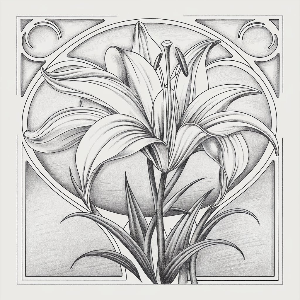 A minimalist pencil drawing of a lily flower with an Art Nouveau influence. The flower has smooth, elongated petals that sweep outward. The petals are surrounded by ornamental lines that echo their curves. There are framing elements in the form of gentle waves and spirals. The stem and leaves have decorative elongation. The entire image is drawn in a simplistic style and is placed on a plain white background.
