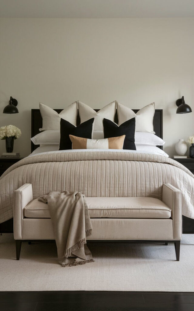 A photo of a stylish black and beige bedroom with a cozy bed and a sleek beige bench at the foot of the bed. The bedding includes layers of ivory linens, a quilted beige duvet, and accent pillows in muted black and tan. The bench is upholstered in a soft linen blend, offering both seating and a spot to drop a cozy throw. Dark hardwood floors and a minimalist black rug anchor the space, while black sconces above the nightstands add symmetry.