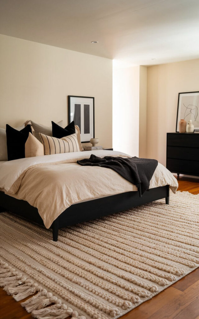 A photo of a black and beige bedroom with a cozy bed centered atop a large, thick beige rug with subtle texture. The well-decorated bedding features creamy beige sheets, a dark charcoal throw blanket, and a curated mix of throw pillows in soft black, ivory, and oatmeal tones. The rug anchors the room, stretching across warm wooden floors and softening the contrast between the black elements and beige walls. A simple black dresser stands to one side, while framed minimalist art and ceramic accents add polish. The gentle interplay of textures makes the space feel serene, stylish, and supremely comfortable.