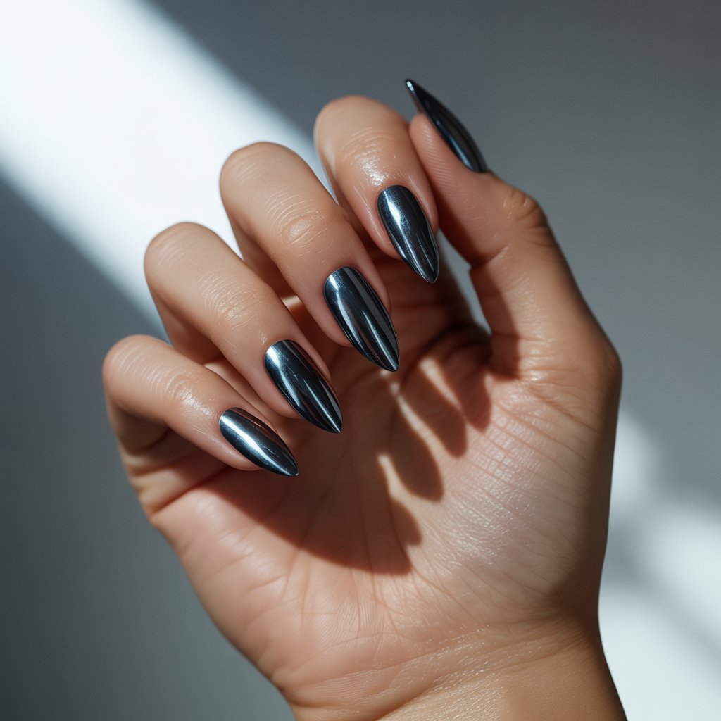 A dramatic, close-up studio portrait showcases a woman's hand, the sole focus, revealing five fingers gently curved in a relaxed posture. Each finger boasts a deep black chrome nail shaped like a stiletto, reflecting a moody interplay of dark steel and charcoal hues, with a subtle glow from the natural bright sunlight filtering through a blurred window. The skin glistens subtly with a healthy sheen of oil, complementing the nails’ sophisticated aesthetic while soft, diffused light bounces off the sharp tips and smooth surfaces, creating a high-contrast, villain-chic vibe. The background is a gradient of soft grey tones, further emphasizing the hand and nails as the central artistic element.