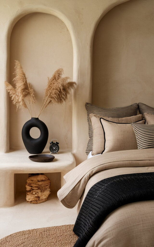 A photo of a black and beige bedroom with a cozy bed and well-decorated bedding. The bed is placed near a nightstand that holds a black ceramic vase with dried grass, a sculptural tray, and a minimalist alarm clock. The room has beige walls and natural textures. The bed features a soft beige comforter with a black woven throw and layered pillows. The decor pieces create visual balance and add artistic charm to the room.