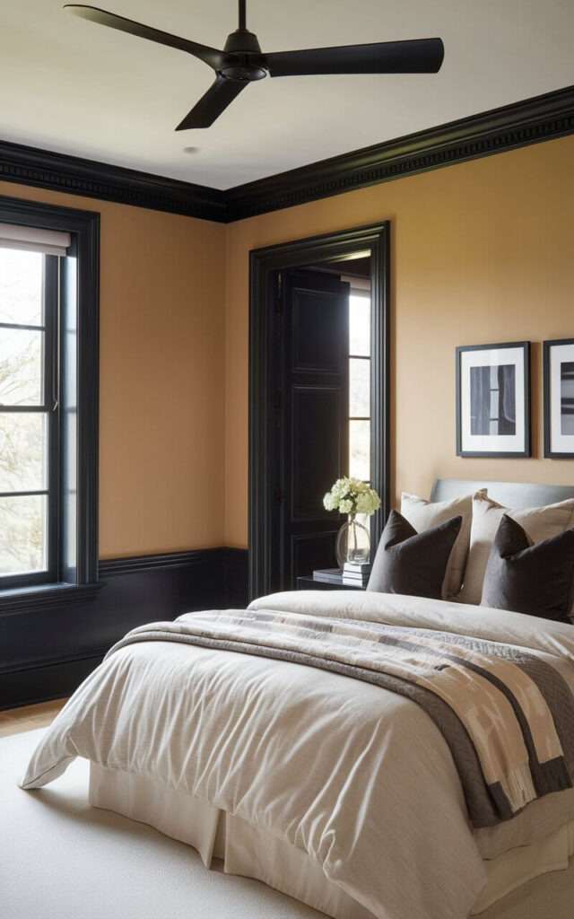 A photo of a black and beige bedroom with deep black moldings and window trim. The room contains a cozy bed with impeccably well-decorated bedding. The bed is styled with soft beige sheets, layered neutral-toned blankets, and charcoal accent pillows. The black baseboards and door frames create clean lines against the warm beige walls, adding structure without overpowering the calming palette. A modern black ceiling fan and coordinating picture frames tie the look together, making the room feel architectural, polished, and soothing all at once.