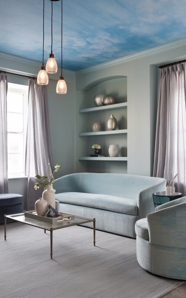 A photo of a tranquil blue and grey living room with a sky-blue ceiling. The room has a gentle pale grey wall, a cozy sofa in soft blue chenille, a minimalistic coffee table with brass legs and a glass top, and a grey textured rug. There are decorative accents in silver and muted navy on the shelves. A trio of pendant lights with frosted glass shades hang above the sofa, softly illuminating the space. Light grey curtains flutter at the windows, enhancing the airy vibe. The blue ceiling creates a visual lift and unexpected charm in this peaceful retreat.