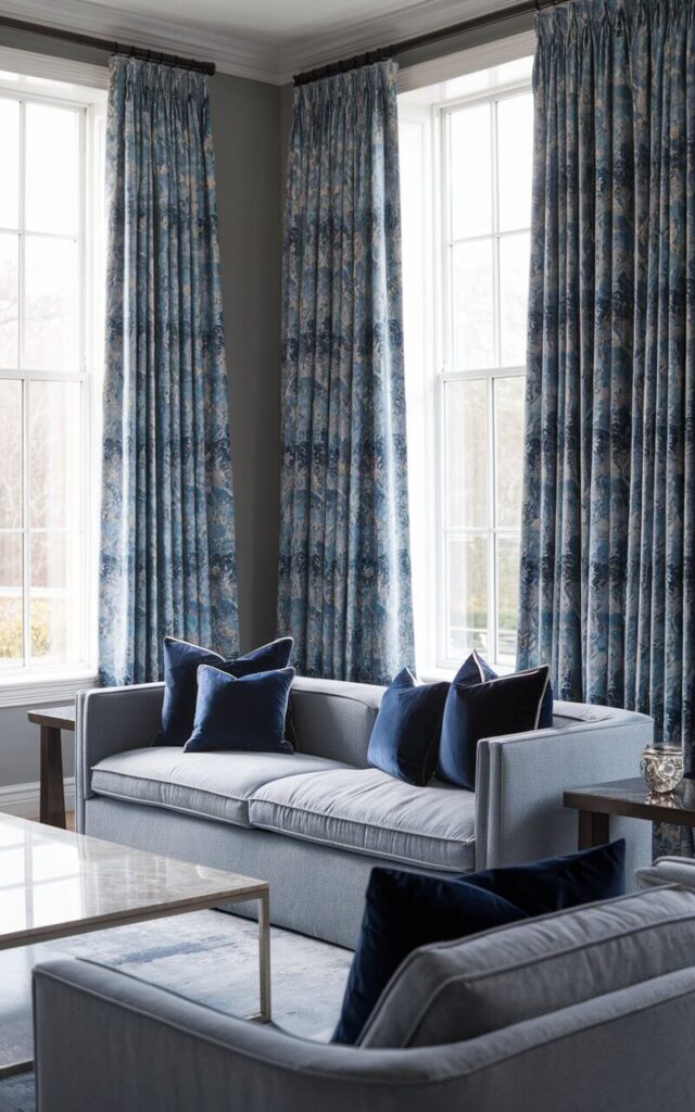 A photo of a blue and grey living room with floor-length blue patterned curtains. The curtains are a floral print in varying blues and frame tall windows that allow natural light to flood the room. The room contains a fog-grey linen sofa adorned with pillows in deep navy, cornflower blue, and subtle metallics. There is a sleek marble-top coffee table and dark wood side tables. The walls are painted a soft heather grey, allowing the curtains to stand out as art in motion. The space is both polished and warm, with a perfect marriage of function and flair.