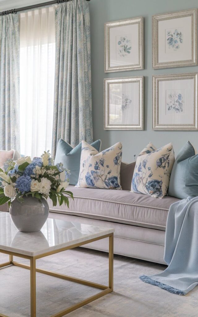 A photo of a fresh and romantic blue and grey living room with soft floral accents. There is a light grey chenille sofa layered with floral-print pillows in shades of indigo, cornflower, and ivory. A matching floral arrangement in a ceramic grey vase sits on a marble coffee table with gold trim. The wall behind the sofa is painted a calm powder blue, with delicate artwork of watercolor florals framed in brushed silver. A sky-blue throw adds another soft layer, while the light filtering through sheer curtains makes everything glow.