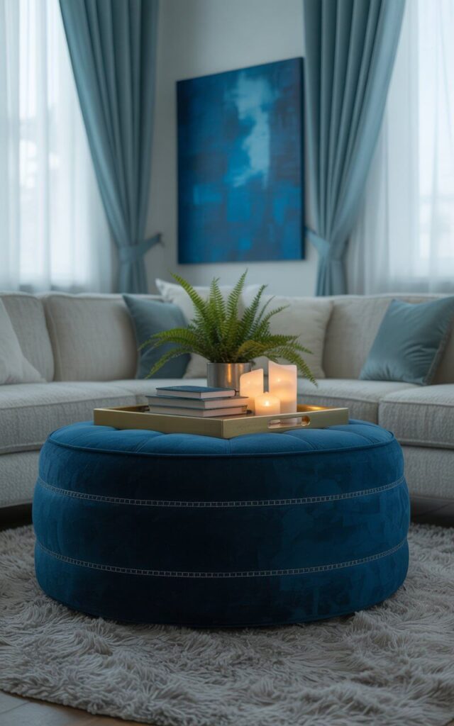 A photograph of a plush, deep blue ottoman centered in a modern living room. The ottoman is round, covered in velvet, and features intricate stitching details, with a rectangular tray resting on top displaying a stack of books, lit candles, and a small potted fern. Surrounding the ottoman is a cozy, cloud-grey sofa, a soft pale grey shag rug, and pale blue curtains, with a large abstract painting in shades of blue adding warmth to the wall. Soft, diffused light filters through the windows, creating a peaceful and inviting atmosphere.