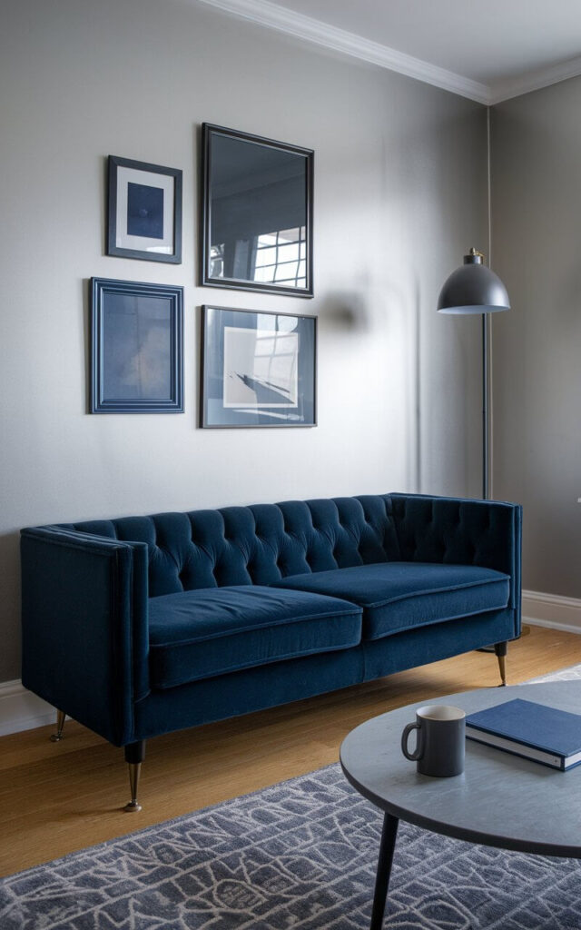 A photo of a living room with a deep navy blue velvet sofa as the focal point. The sofa has tufted cushions and brass-capped legs. It sits on a cool-toned oak floor partially covered by a patterned grey rug. The walls are painted in a soft silver-grey. A stormy grey mug of coffee and a dark plain blue book are placed on the coffee table. A tall floor lamp with a matte black finish and linen shade provides ambient lighting. A minimalist gallery wall above the sofa features monochromatic artwork in navy and grey frames.
