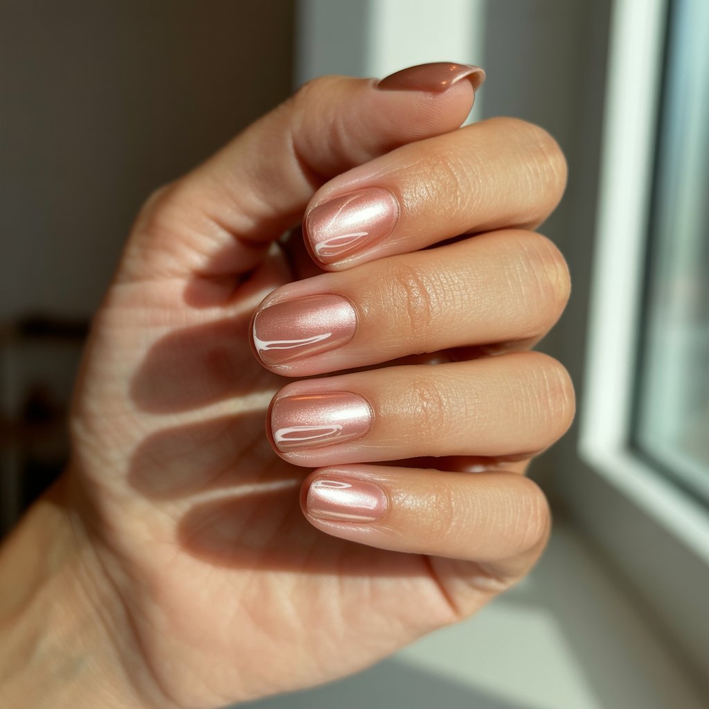 A close-up, soft-focus photograph captures a woman’s hand, showcasing five fingers curled gently inward in a relaxed pose against a blurred background. Her blush-toned chrome nails gleam subtly under natural sunlight, reflecting a warm pink-peach sheen and featuring delicate "white swirl art" tracing across their surface. The skin appears exceptionally moisturized and luminous, with a glossy sheen accentuating the refined design and creating a tender, feminine impression. A shallow depth of field emphasizes the hand and nails, while the soft light from the window casts a gentle glow, enhancing the romantic and luxurious feel of the image.