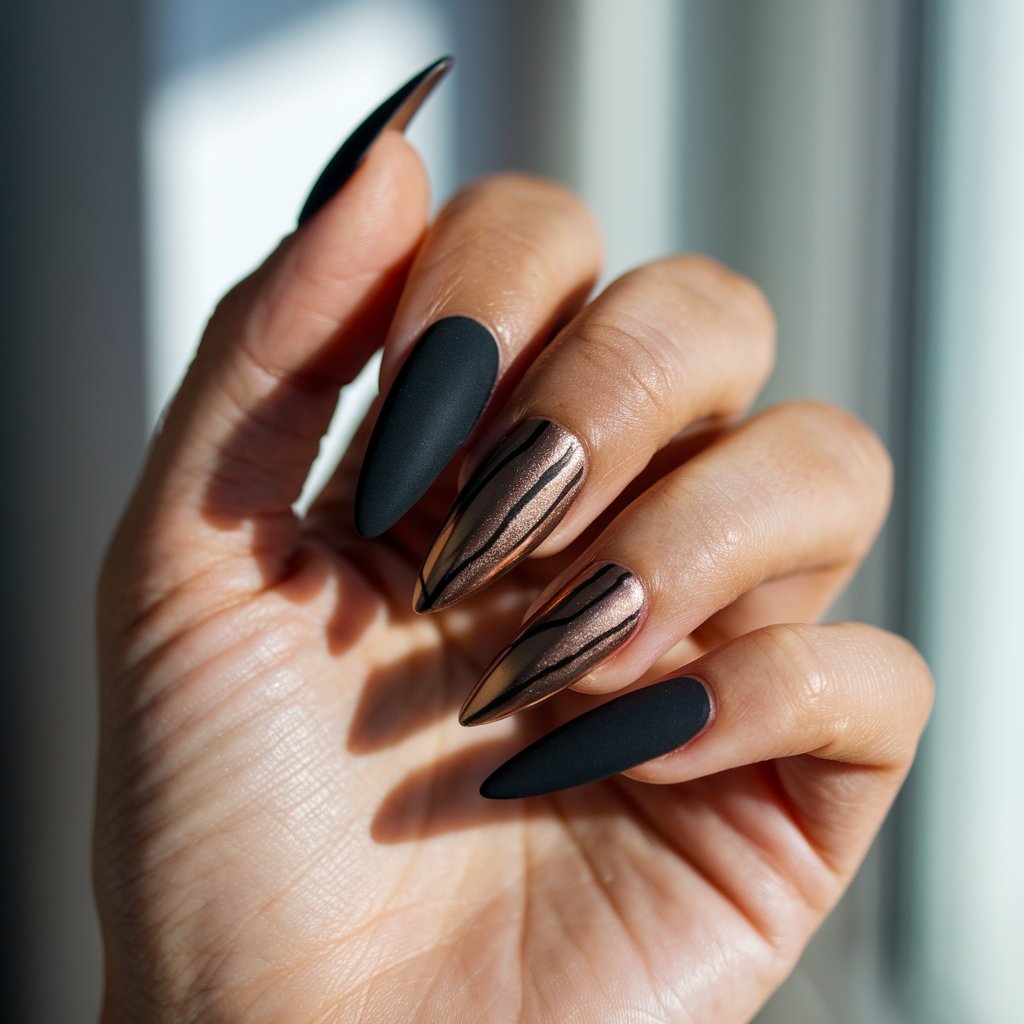 A close-up of a well-moisturized oily woman's single hand only features five fingers gently bent in a relaxed pose. The stiletto nails are painted with rich bronze chrome and paired with matte black accents in sleek stripes and negative space. Under natural bright sunlight from a window blurry background, the chrome nails glow warmly with a metallic bronze finish, while the matte textures ground the look with contrast. The oily skin complements the drama with a high-gloss radiance.