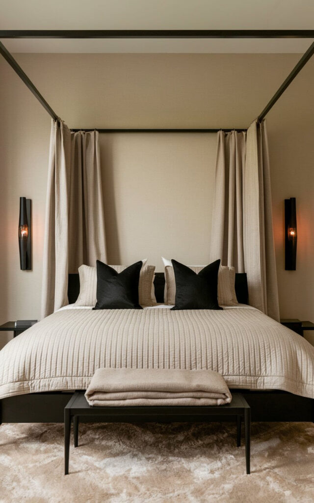 A photo of a modern black and beige bedroom with a sleek black canopy bed. The bed is dressed with a beige quilted comforter, black accent pillows, and a neutral wool blanket folded neatly at the foot. The canopy structure stands tall and minimal, drawing the eye upward. Beige linen curtains are draped loosely around the frame, softening its edges. Black sconces mounted on the beige wall add symmetry and warm lighting. A plush beige area rug softens the space beneath, and the room's overall aesthetic feels both modern and intimate.