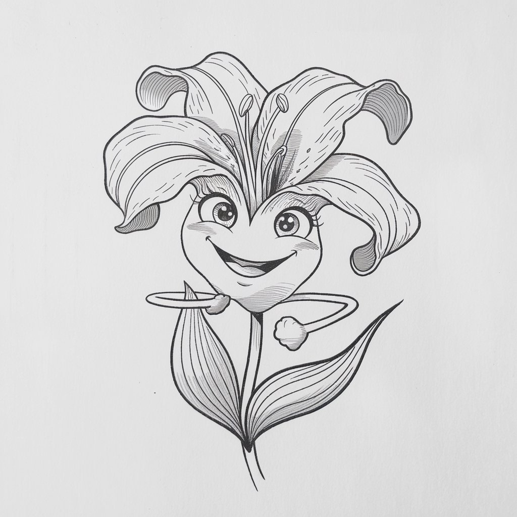 A minimalist, plain white background pencil drawing illustration of a lily flower turned into a cartoon character. The flower has a simplistic style, with wide and expressive petals that curve playfully. Two large eyes are placed near the center of the flower, complete with light sketching around the lids to suggest emotion. A curved smile is integrated at the base of the bloom, with a hint of blush on the petals using subtle shading. The leaves are bent like limbs, playfully posed. The overall illustration keeps to minimal lines and clean design on the white background.