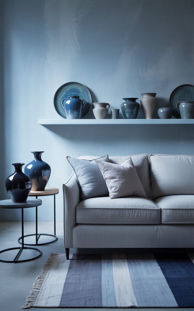A photograph of a cozy living room bathed in soft, natural light, showcasing a dove grey sofa as its centerpiece. The sofa is adorned with plush throw pillows and flanked by two dark blue glazed vases on minimalist side tables, creating a balanced and inviting arrangement. A floating shelf above displays a curated collection of ceramic pieces in varying shades of blue and grey, while a grey and navy striped rug anchors the room and complements the overall aesthetic. The misty blue-grey walls and subtle gleam from the pottery accents enhance the serene and artisanal atmosphere.
