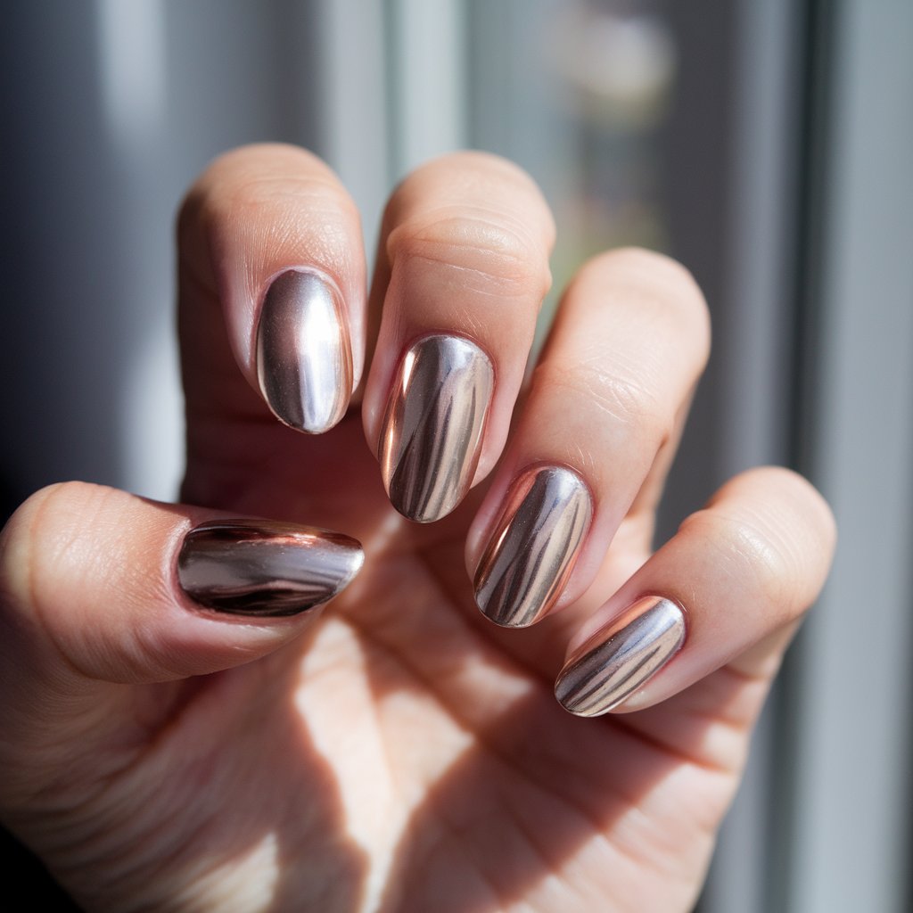 A photo of a woman's hand with five medium-length champagne-toned chrome nails. The nails are on the woman's extended fingers and are slightly curved. The nails have a velvety metallic hue that blends gold, blush, and nude. The woman's skin is luminous and reflects just enough shine to enhance the quiet sophistication of the nails. The background is blurry and contains a window with natural bright sunlight.
