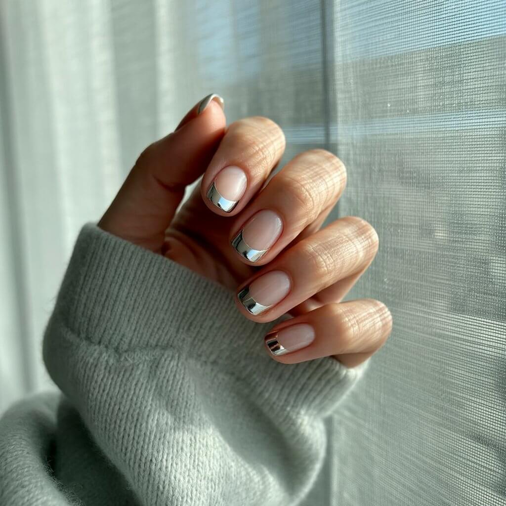 A photograph focusing on a single, well-moisturized woman's hand gently resting against a soft, pale grey cashmere sweater. The hand reveals five fingers slightly fanned out in a relaxed pose, each nail adorned with a translucent base and sharp silver chrome French tips that gleam under diffused natural light filtering through a sheer linen curtain. Reflected in the chrome tips are faint hints of the blurred window and the sweater’s texture, while the hydrated cuticles and glowing skin create a subtle, elegant frame. The overall effect is modern and refined, capturing a moment of quiet sophistication.