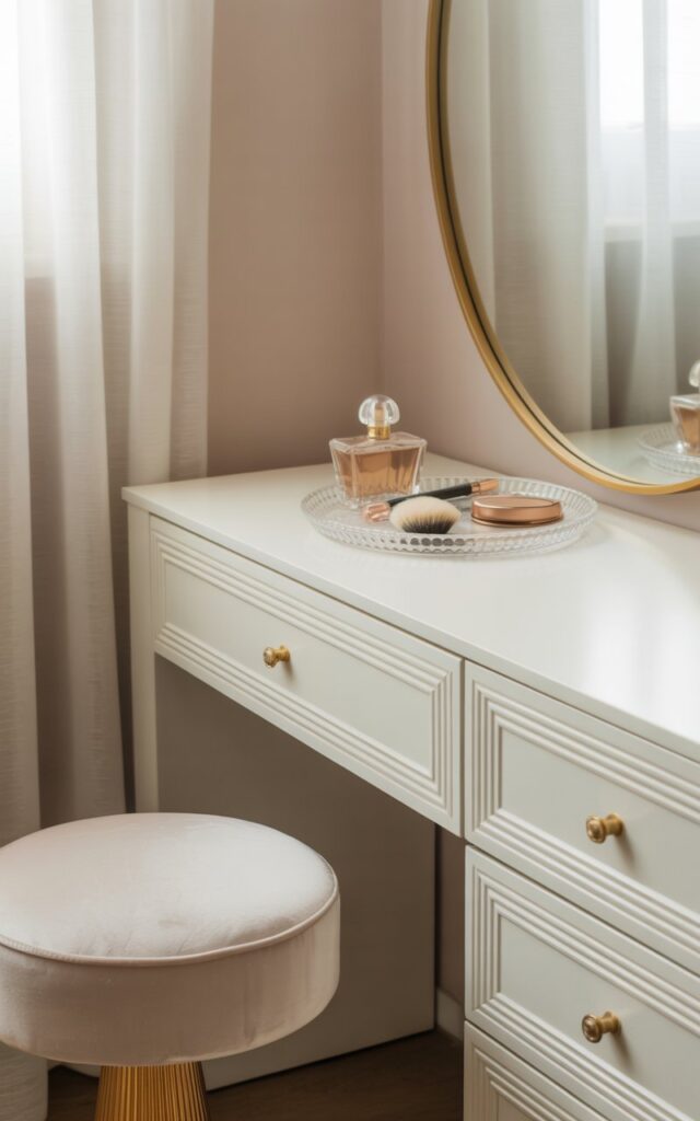 A photograph of a minimalist bedroom vanity bathed in soft morning light. The vanity features crisp white lacquered drawers accented by elegant gold handles, topped by a gold-framed oval mirror reflecting the room's gentle ambiance. A delicate glass perfume bottle, a pearl-handled brush, and a blush compact rest on a crystal tray, while a plush white velvet stool with gleaming gold legs sits invitingly in front of the vanity. The background consists of a partially visible sheer white curtain and a pale beige wall, creating a serene and uncluttered atmosphere.