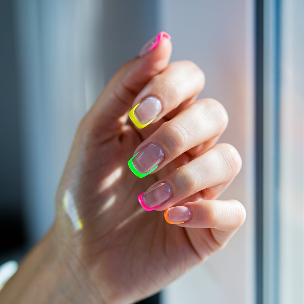 A close-up shot of a woman's hand with clear base nails and crisp neon tips in alternating colors—pink, yellow, green, and orange. The square tips float vibrantly against the transparent base. The hand is tilted towards natural bright sunlight from a window, causing the neon edges to glow vividly. The background is blurry. The glossy skin reflects light, enhancing the airy, sleek vibe.