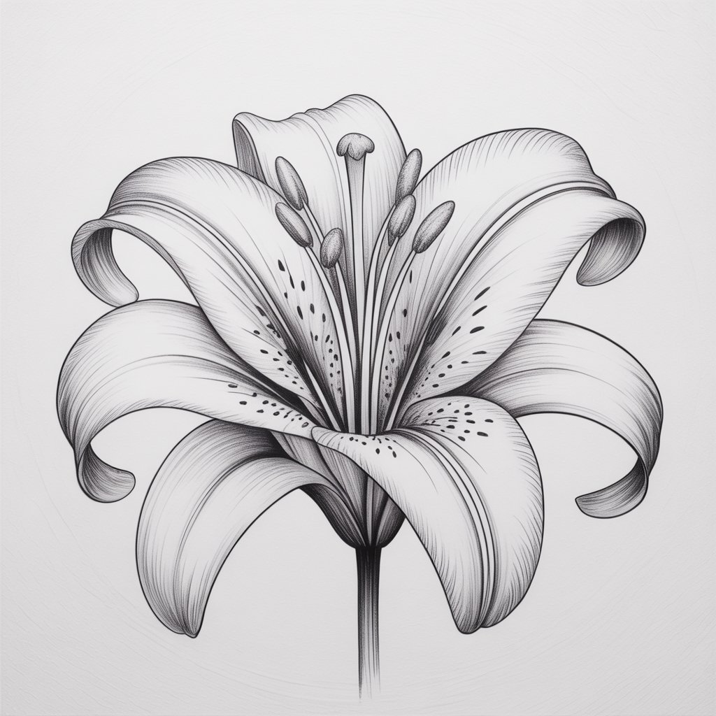 A detailed pencil drawing of a single lily flower against a stark white background, rendered in a minimalist style. The lily’s petals are elegantly defined by clean, fluid lines, showcasing their natural curves and subtle overlaps, with faint internal linework suggesting delicate veins. The central stamen features slender filaments radiating outward, each tipped with lightly shaded anthers, providing a soft, powdery texture, while a single dewdrop rests gently on one petal. Soft, diffused lighting illuminates the flower, enhancing its delicate form and creating subtle shadows that emphasize its structure.