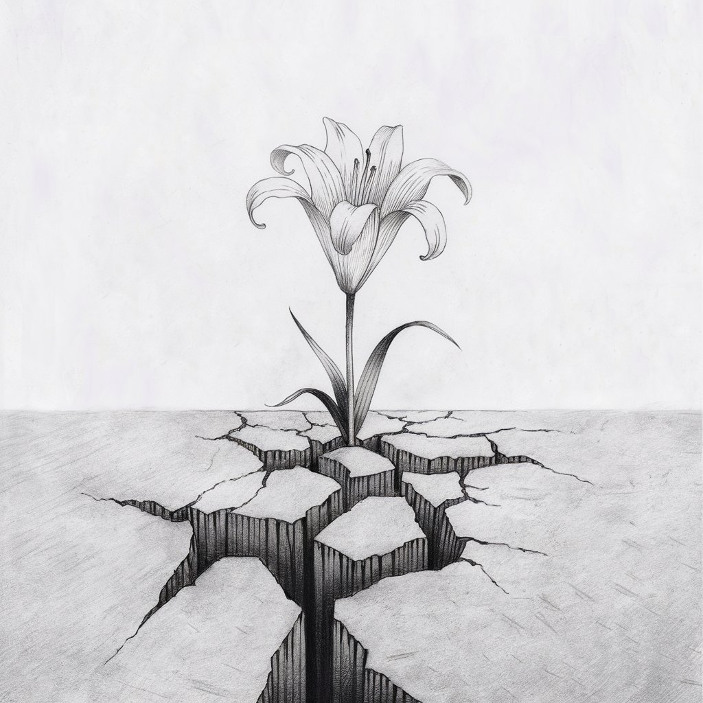 A minimalist, plain white background pencil drawing illustration of a lily flower emerging from a cracked piece of concrete. Drawn in a simplistic style, the flower appears soft and full of life, with delicate petals stretching upward in contrast to the rough, fractured lines of the surface below. Jagged edges and broken textures are subtly shaded to suggest depth in the cement, while the lily remains clean and organic. The image captures stark contrast and resilience, made even more powerful against the plain white background.