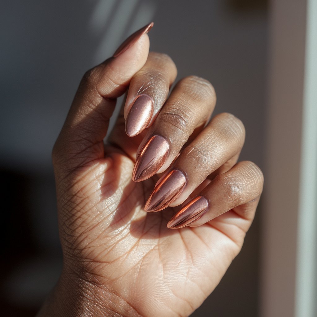 A photo of a woman's hand with well-moisturized oily skin. The hand has five fingers and is gently bent in a relaxed pose. The nails are warm copper chrome and glow under the natural bright sunlight from a window. The background is blurry. The stiletto nails have autumnal tones—rust, bronze, and orange—creating a rich, cozy feel. The chrome nails shimmer like glowing embers, while the moisturized skin radiates softness and comfort, evoking the warmth of a fireside moment captured in perfect light.