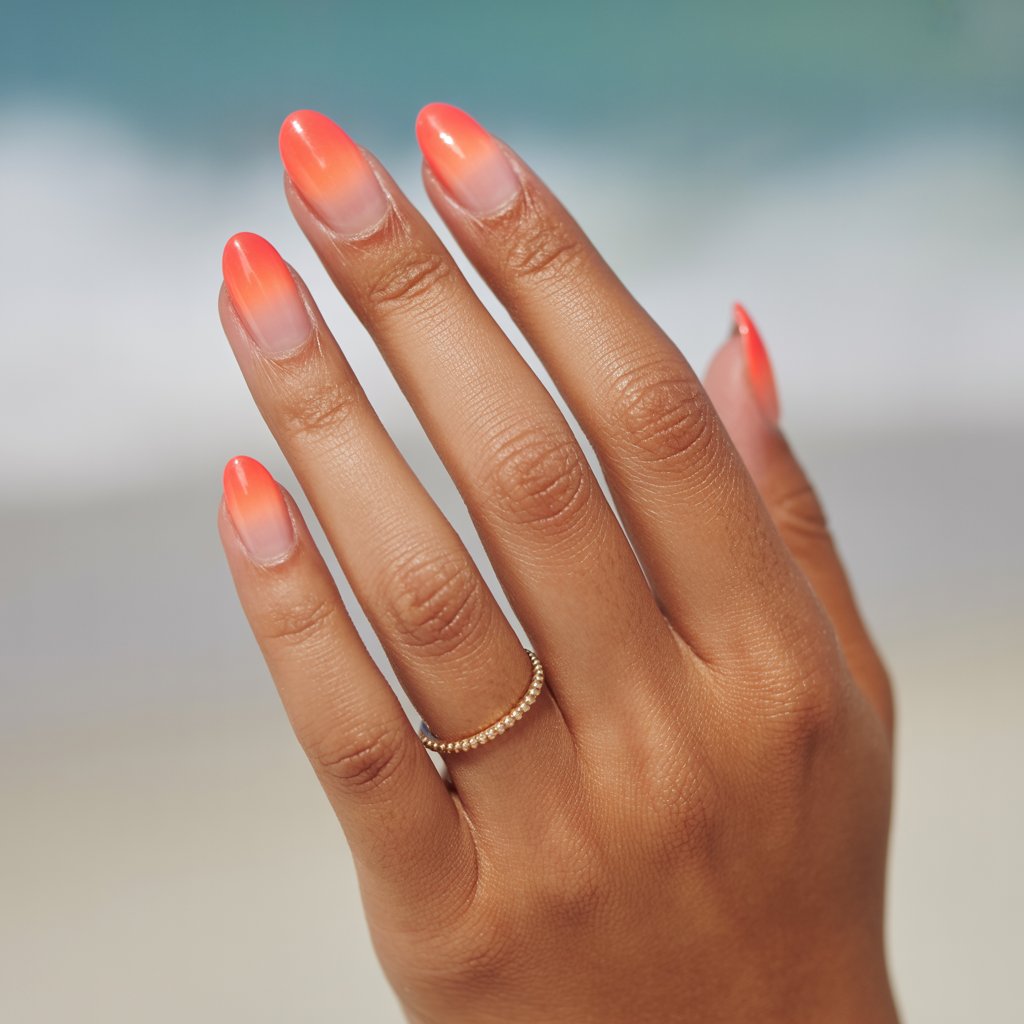 A photograph of a single woman’s hand, meticulously manicured, held against a soft-focus, sun-drenched background. The nails are a striking coral-to-peach neon ombré, transitioning seamlessly across the five medium-length, almond-shaped tips, with a highly glossy finish reflecting the natural light. The hand is positioned gently, showcasing the smooth gradient of color and the hydrated skin with luminous cuticles. A single, delicate gold ring adorns the ring finger, while the blurred backdrop hints at a tropical beach setting with gentle, diffused sunlight.