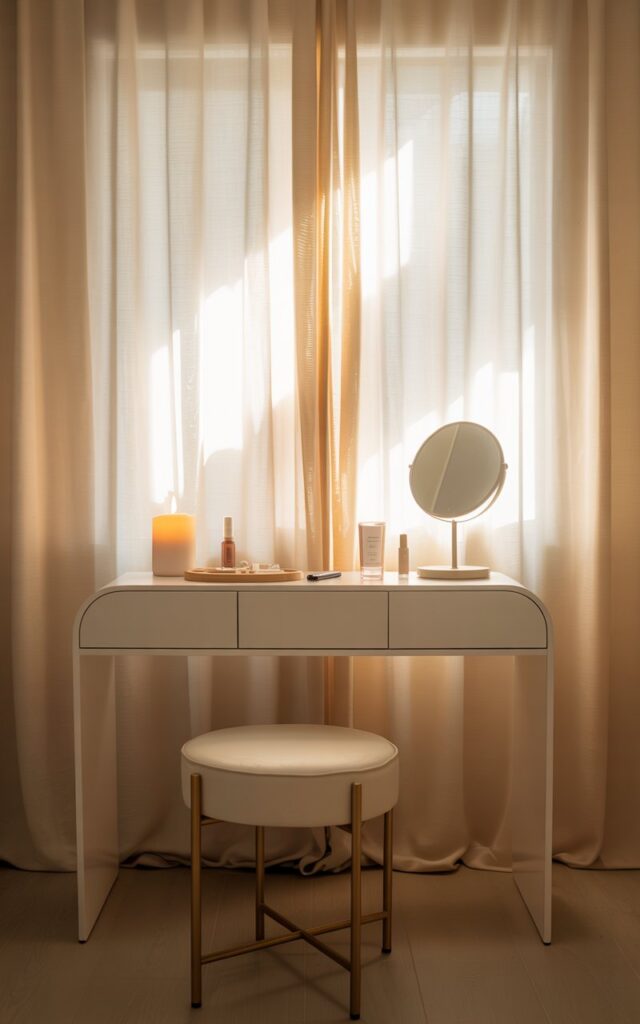 A photograph of a minimalist bedroom vanity staged as a private sanctuary. A sleek, white vanity table with a narrow silhouette sits centered, showcasing a round mirror and a curated selection of beauty essentials including a lip balm, facial roller, and a lit candle. Behind the vanity, a floor-to-ceiling curtain of creamy sheer fabric softly diffuses light, creating an ethereal backdrop and framing the space, while a soft ivory stool with gold legs rests invitingly in front. Gentle, diffused sunlight streams through the sheer curtains, bathing the scene in a warm, calming glow.