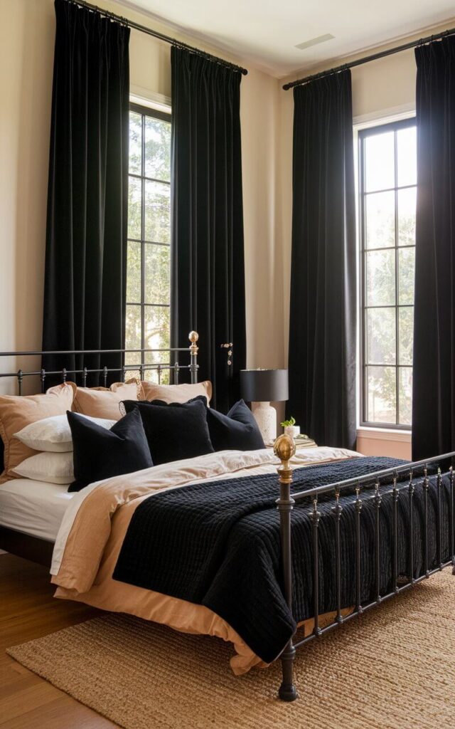 In this bold black and beige bedroom, tall, dramatic black curtains frame a sunlit window beside a very cozy bed layered in well decorated bedding. The curtains hang from ceiling to floor, adding height and mood. The bed is dressed in soft, sand-toned sheets and a deep black quilt with plush, oversized pillows for texture. A black iron curtain rod echoes the bedframe, creating visual continuity. Warm wooden floors and a neutral jute rug soften the space, while subtle gold accents in decor provide just the right touch of glam.