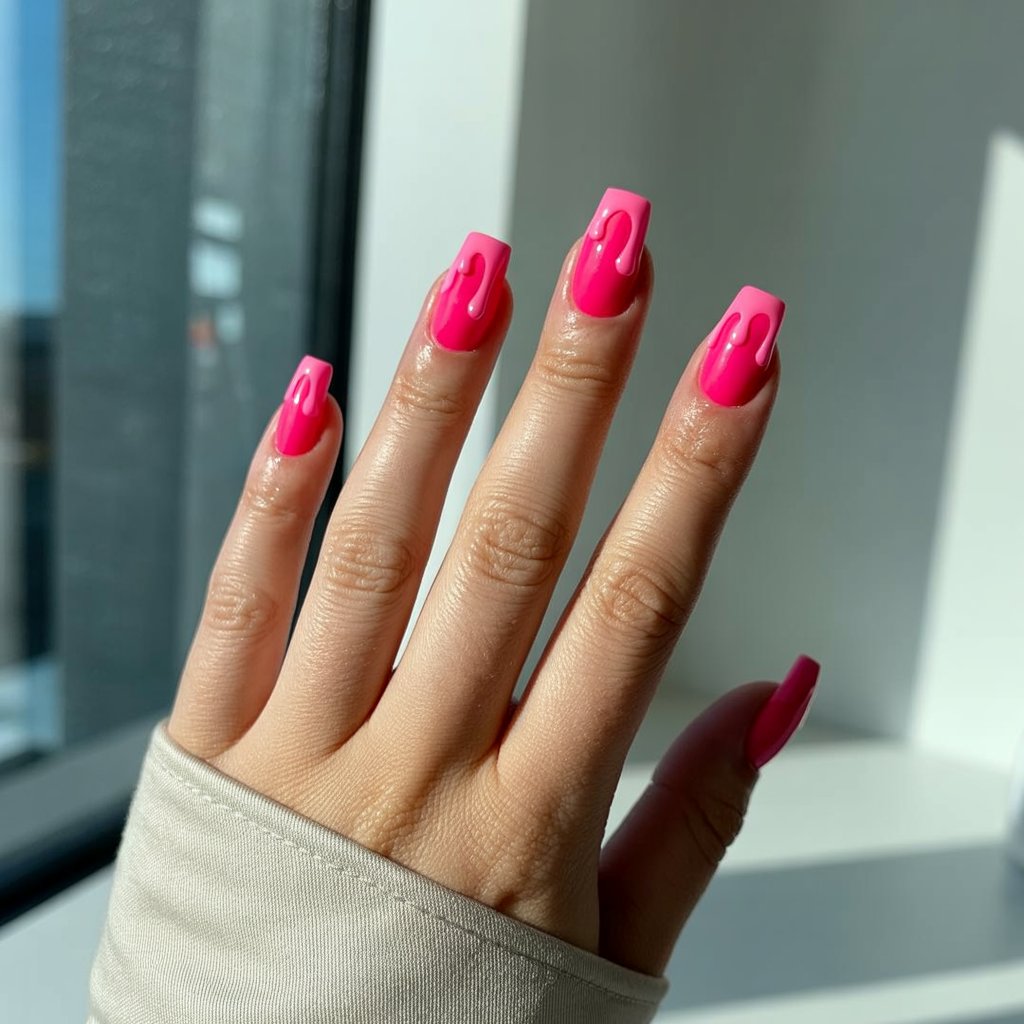 A photograph showcasing a close-up of a woman’s hand, the sole focus of the frame. The hand displays five fingers with medium-length coffin nails coated in vibrant hot pink neon, featuring glossy drip effects at the tips, with the polish resembling melting candy. The fingers are gently curved, bathed in bright sunlight streaming from a nearby window, while the background is a soft, out-of-focus blur of a modern interior. The hand's radiant, oily skin and meticulously cared-for cuticles complete the bold, edgy look, set against the subtle texture of a linen cloth resting beneath.