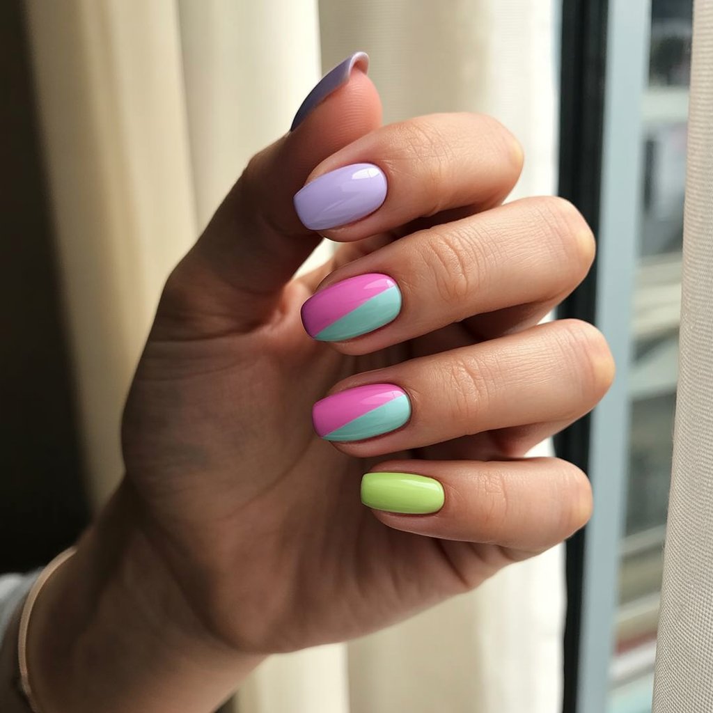 A photograph showcasing a close-up of a woman's left hand, meticulously styled and illuminated by soft window light. Each of the five medium-length, almond-shaped nails exhibits a striking diagonally split design, with one half painted in a delicate pastel hue—lavender and magenta, mint and lime—harmoniously paired with a vibrant neon counterpart. The nails are gently relaxed, showcasing a glossy finish that accentuates the healthy, glowing skin around them, while a subtly blurred background of cream-colored curtains adds depth to the composition. This soft-meets-electric contrast is further highlighted by the natural light, creating a balanced and visually captivating image.