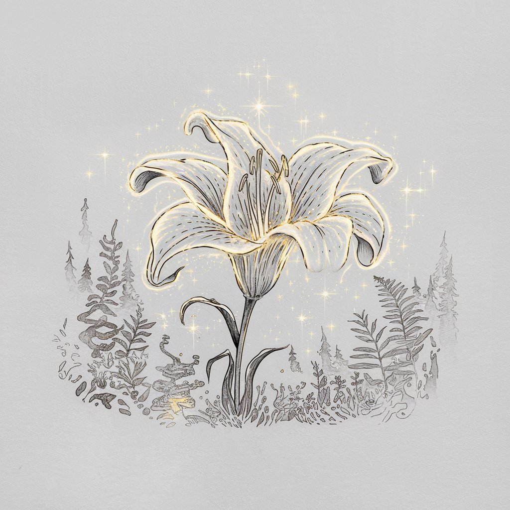 A minimalist, plain white background pencil drawing illustration of a fantastical lily flower glowing with magical energy. Drawn in a simplistic style, the petals are wide and luminous, each lined with soft, radiant strokes suggesting bioluminescence. Tiny sparkles and star-like accents surround the bloom, while the stem coils gently like a vine. Imaginary forest elements—such as misty ferns or hovering lights—are sketched faintly in the background. Though the scene is whimsical, the minimalist aesthetic and white backdrop keep the focus on the enchanted lily at the center.