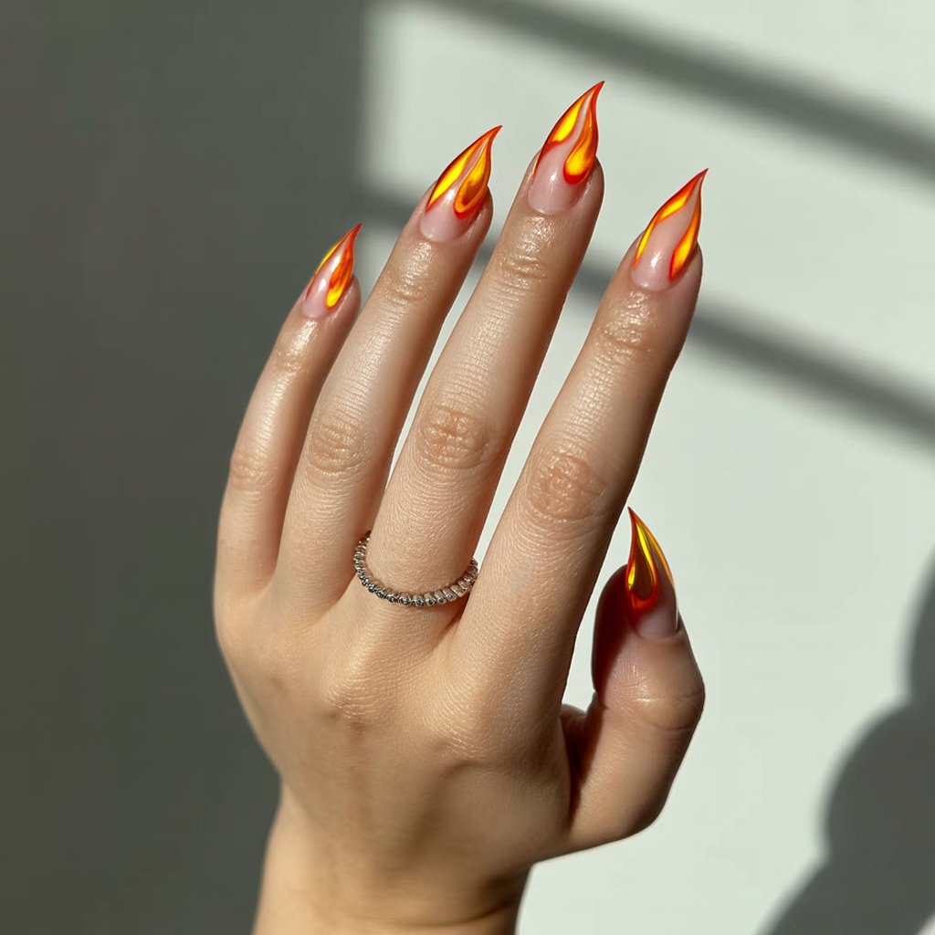 A striking close-up studio photograph showcases a woman's hand, the sole focus against a softly blurred, neutral-grey backdrop. Five fingers are gently arched, displaying bold chrome flame nail tips over a nude base, with each nail meticulously sculpted into a dynamic shape. The chrome finish reflects bright, diffused window light, producing mesmerizing hot red, orange, and gold highlights that mimic flickering flames, while the skin appears subtly moisturized with a soft sheen. A single, delicate silver ring adorns the ring finger, subtly contrasting with the vibrant chrome, completing a captivating display of fiery glamour and understated elegance.