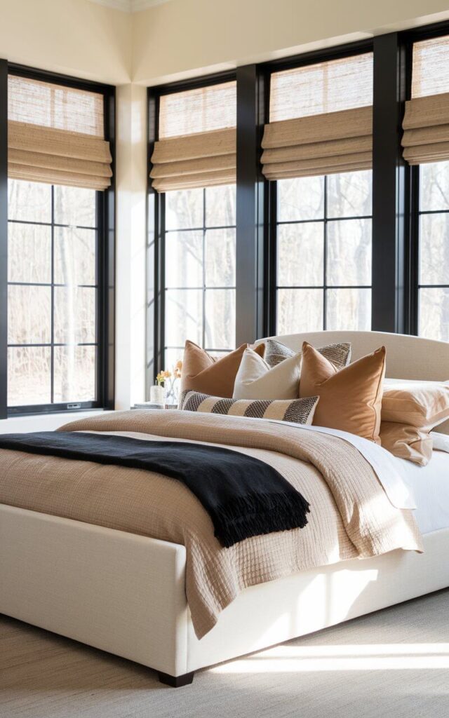 A photo of a black and beige bedroom with a cozy upholstered bed. The bed is dressed in layered oatmeal-toned linens, a black fringed throw, and pillows in a mix of camel, ivory, and graphite. The room features stunning black window frames that serve as architectural focal points. The sleek matte black frames contrast beautifully with soft beige walls and flood the room with natural light. The bed is positioned just beneath the windows. The sunlight streaming through the windows highlights the textures of the bedding. Nearby decor and beige woven shades balance elegance with coziness.