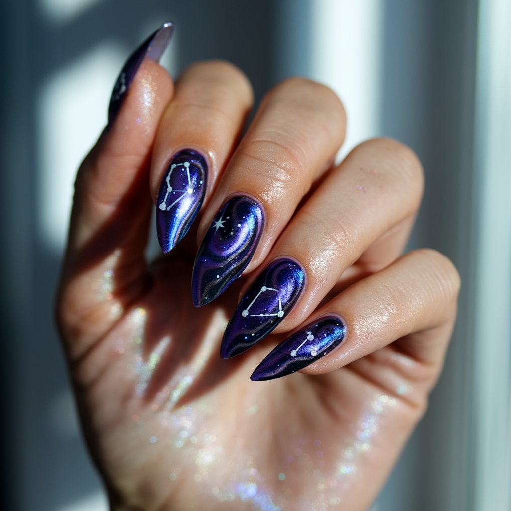 A close-up shot of a woman's hand with galaxy-themed stiletto chrome nails. The nails have a deep purple chrome finish, which shifts with the light and creates a cosmic swirl pattern. There are tiny white hand-painted stars on the nails, representing constellations. The woman's skin is well-moisturized and glistening, resembling stardust. The background is blurred, with bright sunlight streaming through a window.