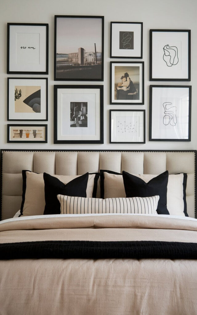 A photo of a black and beige bedroom with a striking black-framed gallery wall above a cozy upholstered bed. The bed is layered with a beige comforter, black and ivory cushions, and a brushed cotton throw. The gallery wall features a mix of minimalist prints, vintage photography, and abstract line art, all in slim black frames. The frames are hung with precision, creating structure above the soft textures of the bed. The overall design feels personal yet polished, giving the space warmth, depth, and creative flair.