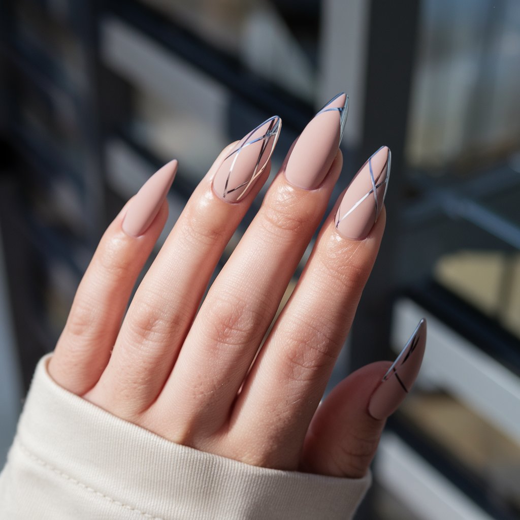 A photo of a woman's hand with five fingers raised in a relaxed pose. The hand has stiletto matte nude nails with fine chrome geometric lines. The nails are well-moisturized and have a velvety matte finish. The chrome nails reflect silver accents. The background is blurry and contains modern patterns. The photo is taken under natural bright sunlight from a window.