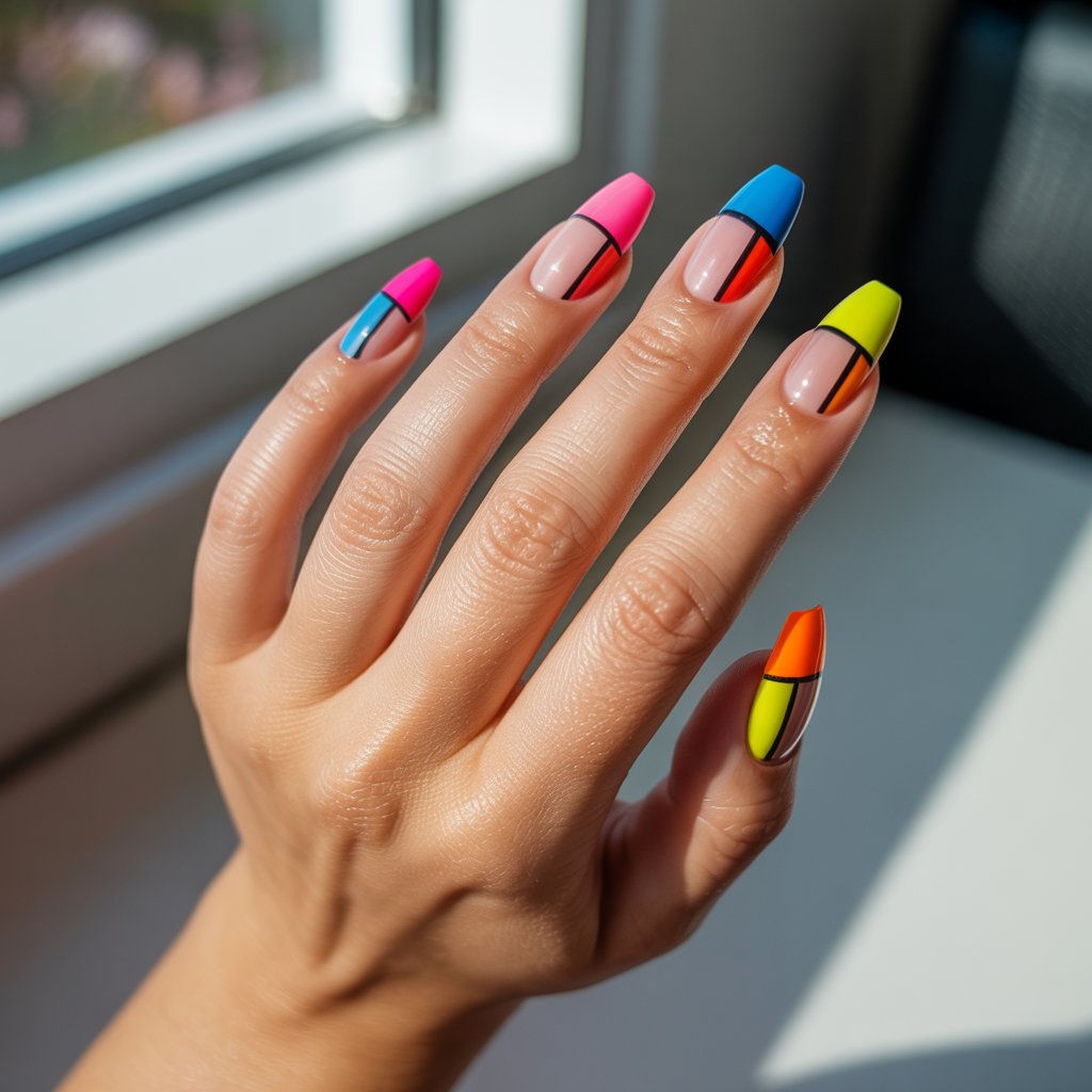 A photograph showcasing a close-up of a woman’s slender hand, displaying only her five fingers adorned with striking nail art. Each elongated, ballerina-shaped nail is meticulously painted with precise geometric color blocks in vibrant neon shades—pink, blue, yellow, and orange—defined by crisp black outlines. Natural sunlight streams in from a nearby window, illuminating the glossy topcoat and the subtle sheen of her skin, while a soft, blurred background gently emphasizes the graphic design. The hand rests in a relaxed pose, positioned against a muted grey surface, creating a clean and modern aesthetic.