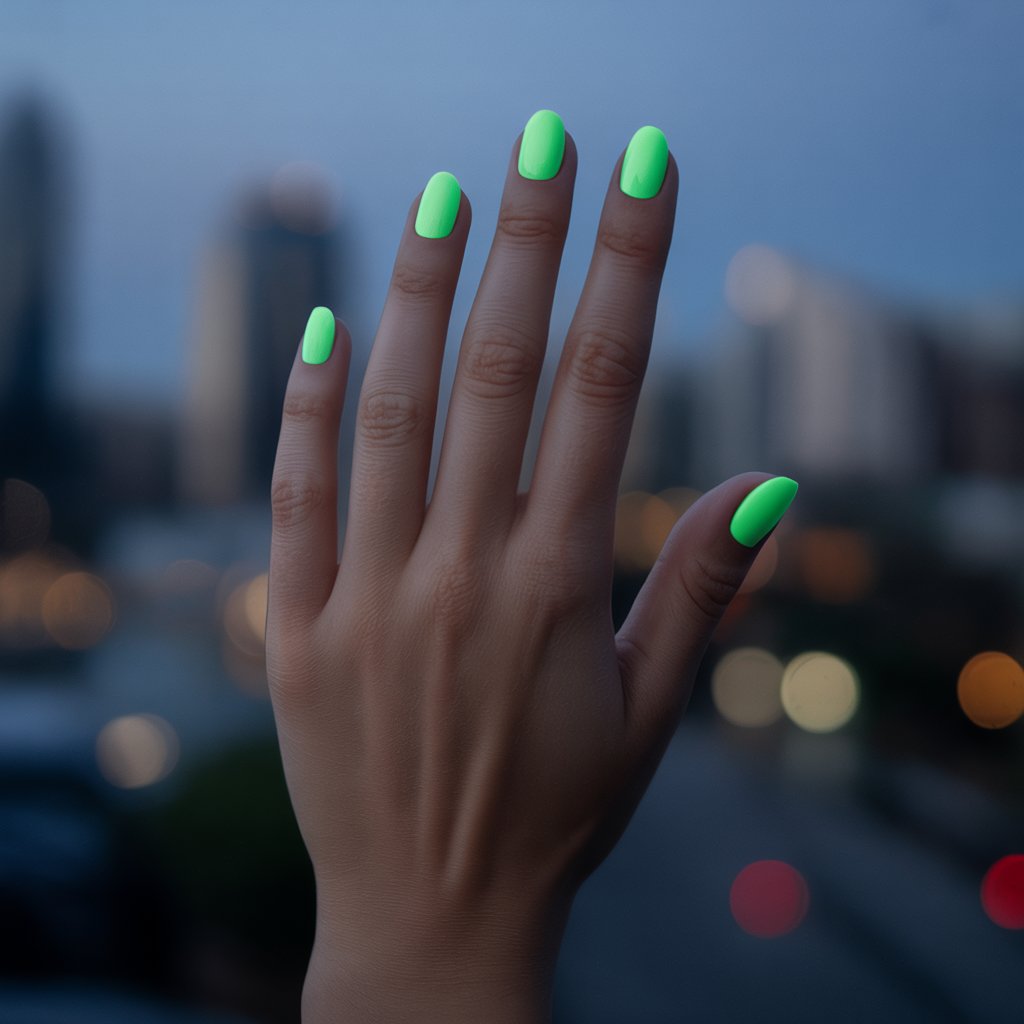 A dramatic close-up photograph captures a single, elegantly moisturized female hand, the primary focus against a softly blurred, nocturnal cityscape backdrop. The hand’s five fingers, showcasing medium oval nails coated in vibrant glow-in-the-dark neon green polish, are gently spread apart in a relaxed pose, allowing the luminous green to radiate subtly in the darkness. Hints of the city lights twinkle faintly behind the hand, creating a soft bokeh effect that accentuates the nails' otherworldly glow, while the skin appears hydrated and subtly reflective under the dim ambient light. The nails themselves possess a smooth, evenly shaped jelly-like finish, appearing almost self-illuminated, enhancing the overall sense of surreal beauty.