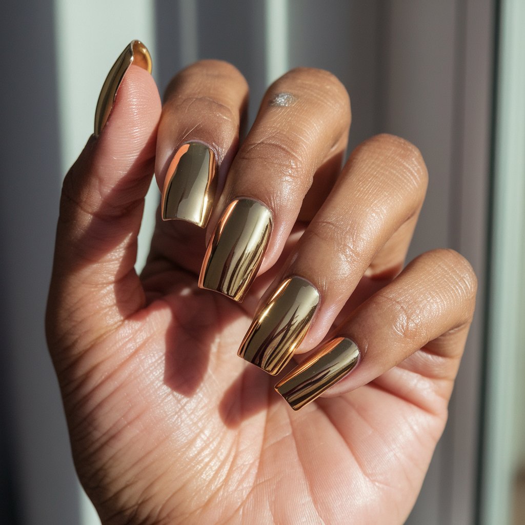 A photo of a well-moisturized oily woman's single hand with five fingers in a graceful, relaxed pose, slightly arched to reveal every nail. The nails are coffin-shaped and lacquered in high-gloss gold chrome that gleams like molten metal under natural bright sunlight from a window. The chrome nails shimmer with warm, regal tones, while the glistening, moisturized skin enhances the look's opulence. The reflective finish captures hints of golden hour sunlight, giving an expensive, radiant effect.