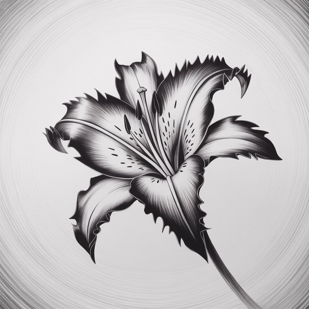 A detailed pencil drawing illustration depicting "Gothic Lily", set against a stark, plain white background. The lily flower possesses sharply angled petals with darkened, jagged tips, rendered with heavier pencil pressure to emphasize deep shadows within the inner folds and clean lines on the outer edges, creating a sense of dramatic intensity. The stamen is accentuated and slightly enlarged, positioned prominently at the flower’s center, casting subtle shadows on the petals below, all rendered in exquisite detail. Soft, diffused light illuminates the flower, subtly highlighting the textures of the pencil strokes and the delicate curves of its form against the pure white backdrop.