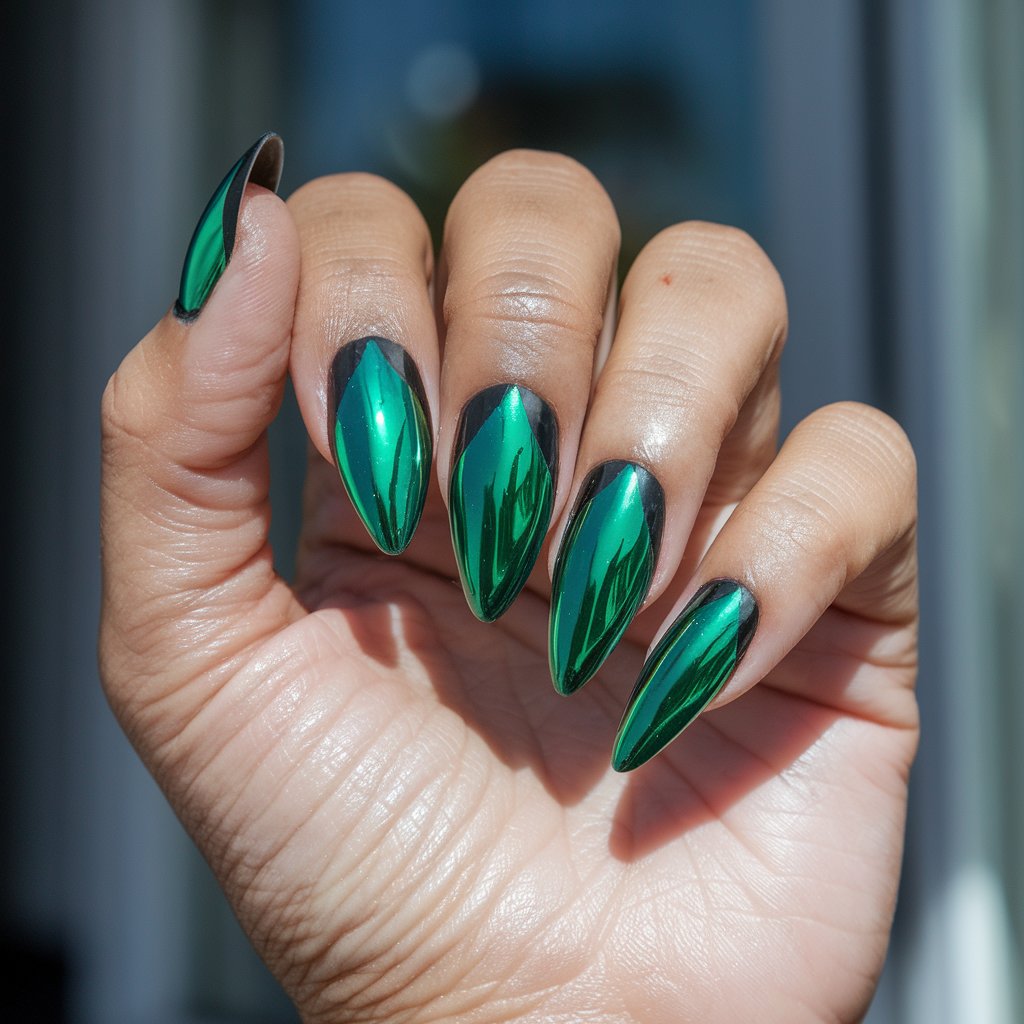 A photo of a woman's hand with chrome emerald green nails and black detailing. The nails are shaped like coffins and are sharp. The hand is well-moisturized and oily. The background is blurred and contains a window. The nails shimmer under natural bright sunlight. The black accents add depth and edge to the chrome nails, while the healthy, glistening skin acts as a glossy canvas, emphasizing the fierce contrast and structured aesthetic.