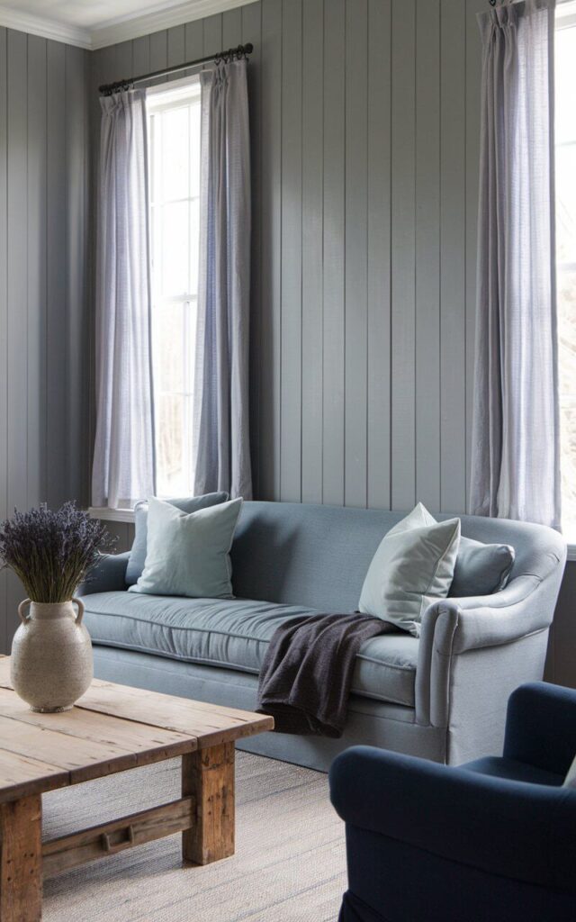 A photo of a serene blue and grey living room with textured grey wall paneling. The wall is clad in vertical shiplap painted a medium grey, providing dimension behind a cozy slate blue sofa. The sofa has soft curves, overstuffed cushions, a charcoal grey wool throw, and pale sky blue pillows. A reclaimed wood coffee table sits in front, holding a ceramic vase filled with dried lavender. Natural light enters through tall windows dressed in gauzy grey curtains. A navy armchair in the corner adds depth and contrast. The room's mix of texture and cool tones creates a calm, lived-in elegance that's both stylish and comfortable.