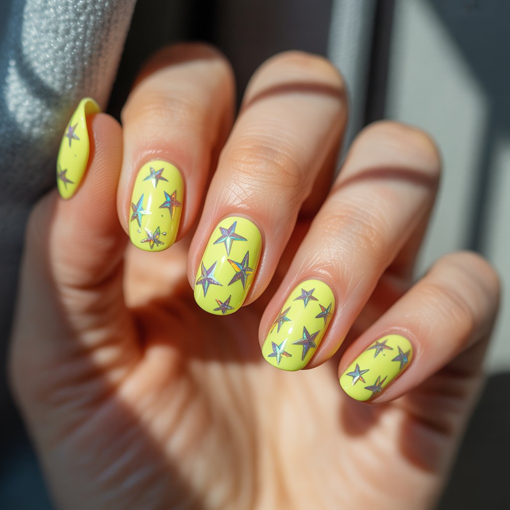 A hyperrealistic macro photograph showcasing a woman's hand, focusing entirely on the fingers and nails. Each of the five fingers displays a vibrant neon yellow nail polish with scattered holographic star decals, creating an ethereal sparkle under diffused sunlight streaming through a slightly blurred window. The nails are shaped into a medium almond form, featuring a glossy topcoat that reflects the light, causing the holographic stars to shimmer with iridescent hues of pink, blue, and green. The hand rests gently against a soft, out-of-focus, velvety dark gray backdrop, drawing all attention to the luminescent nails and emphasizing the playful, celestial vibe of the design.