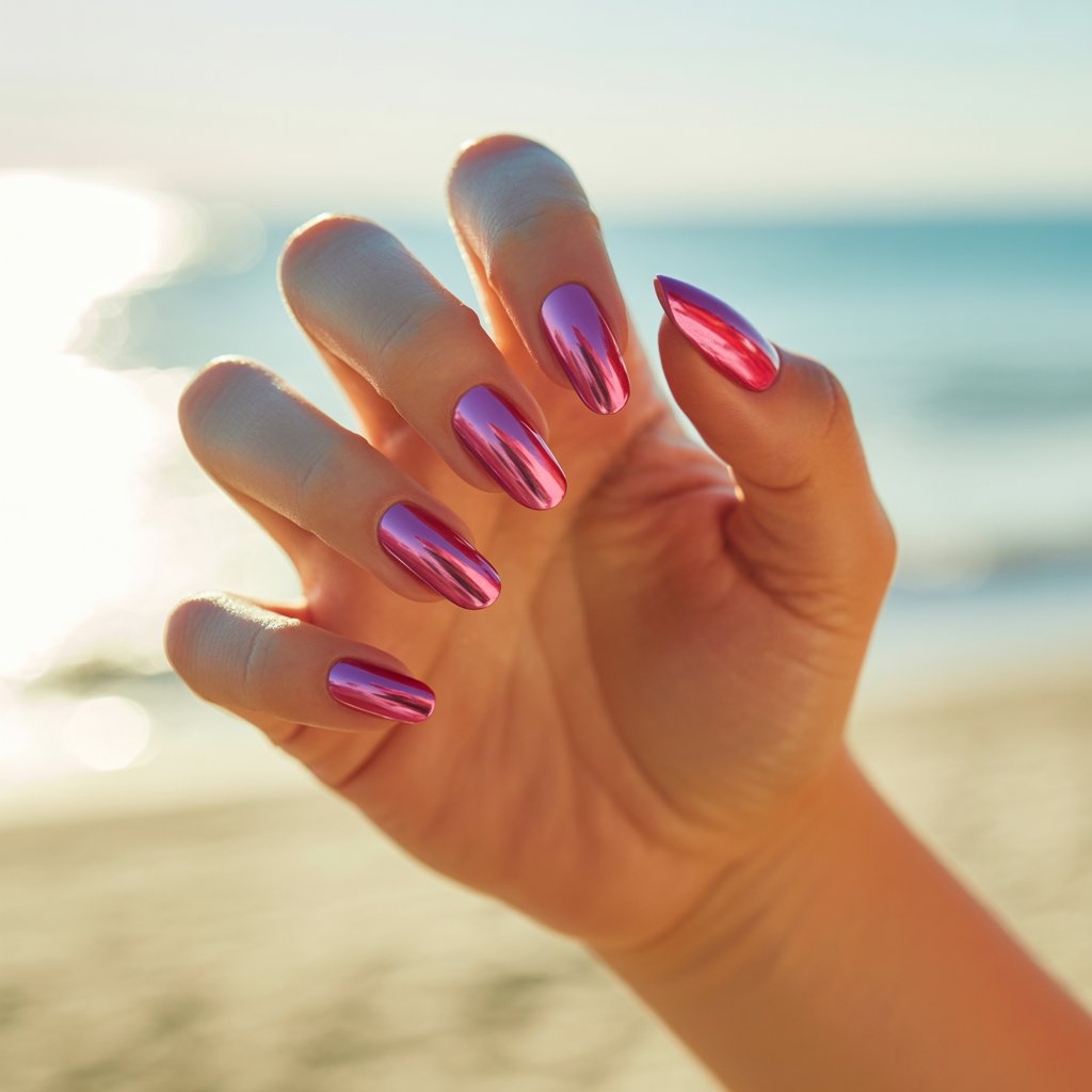 A striking close-up photograph captures a woman's hand, the sole focus, presented against a softly blurred backdrop of a sun-drenched beach. Each of the five fingers is splayed in a relaxed, confident pose, adorned with long, almond-shaped nails gleaming with a vivid "hot pink chrome" manicure. The chrome finish boasts a mirror-smooth surface, intensely reflecting the bright sunlight and showcasing the vibrant pigment, while the skin surrounding the nails glows with healthy hydration. Soft golden light illuminates the scene, enhancing the energetic and fun-loving aesthetic of the manicure and the peaceful beach atmosphere.