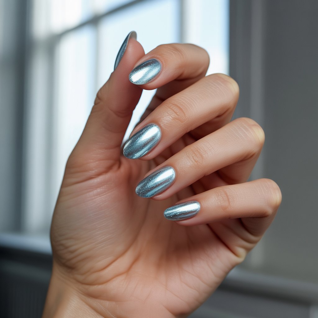 A striking close-up studio photograph focuses on a woman's hand, showcasing five fingers loosely curled inward in a relaxed, elegant pose. Her nails are meticulously shaped into almonds and coated with an icy silver-blue chrome polish that shimmers with a crystalline sheen, catching the light like frozen frost – the polish reads "Frostbite". Soft, diffused natural light streams from a blurred window, subtly reflecting off the chrome, emphasizing the polish's luminous quality and highlighting the healthy glow of her slightly oiled skin. The neutral grey background is out of focus, placing all attention on the hand, enhancing the ethereal, snow-queen aesthetic and the contrasting textures of skin and metallic polish.