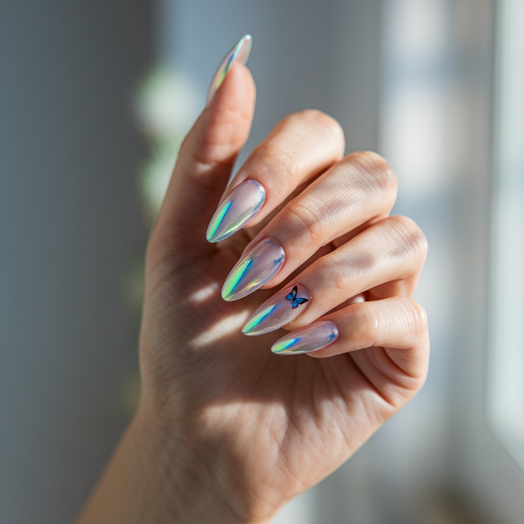 A close-up shot of a woman's hand with five fingers arranged delicately in a relaxed pose. The woman has iridescent stiletto chrome nails that shift between pastel blues, pinks, and greens. There are tiny butterfly decals on two nails. The background is blurry, with natural bright sunlight streaming in from a window. The moist, healthy skin complements the soft fantasy feel, making the hand look magical and ethereal.