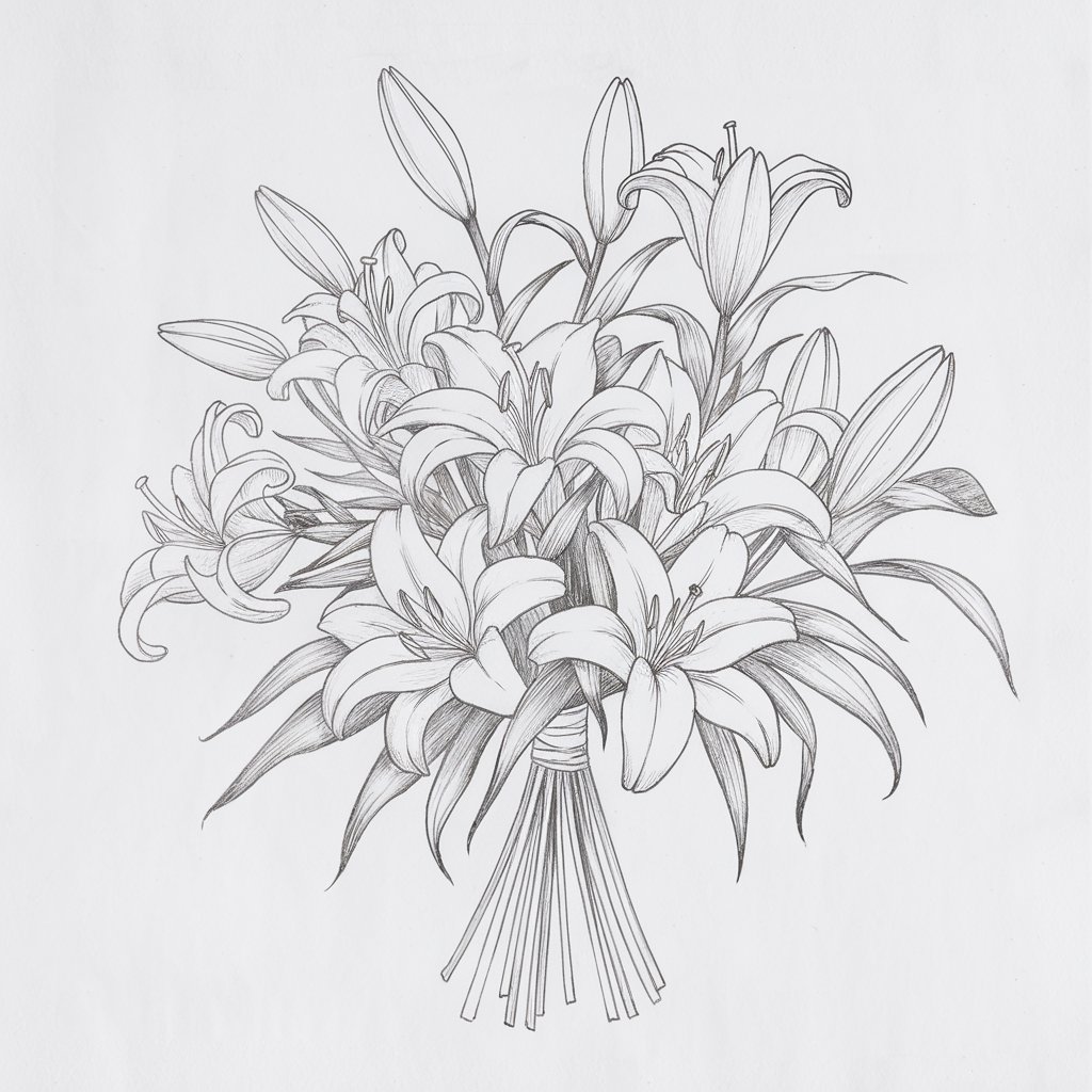 A minimalist, plain white background pencil drawing illustration of a lily flower bouquet composed of multiple blooms and buds. Each lily flower is drawn in a simplistic style, with soft, overlapping lines distinguishing individual petals. The bouquet features a natural, slightly asymmetrical composition with visible stems loosely gathered at the base. Leaves extend between the flowers, drawn with clean, curved strokes that balance the layout. Light shading suggests depth between layers without overcomplicating the scene. The bouquet is tied together with a ribbon. The bouquet remains cohesive and graceful, centered within the plain white space to highlight the understated pencil texture.